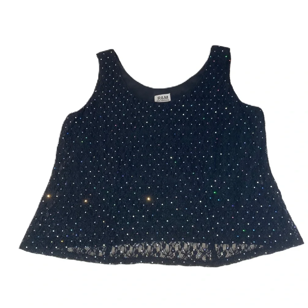 R&M Richards VTG 90s Glam Black Sequin Sleeveless Nylon Blend 16 WP NWOT